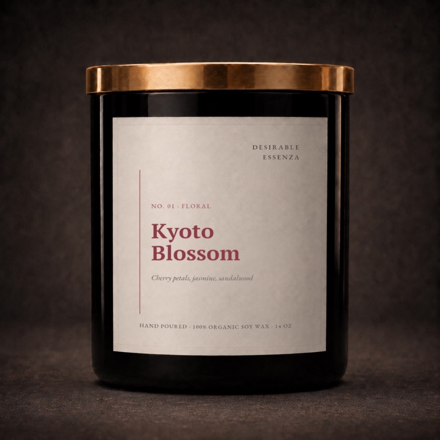 Kyoto Blossom candle in black glass jar with gold lid