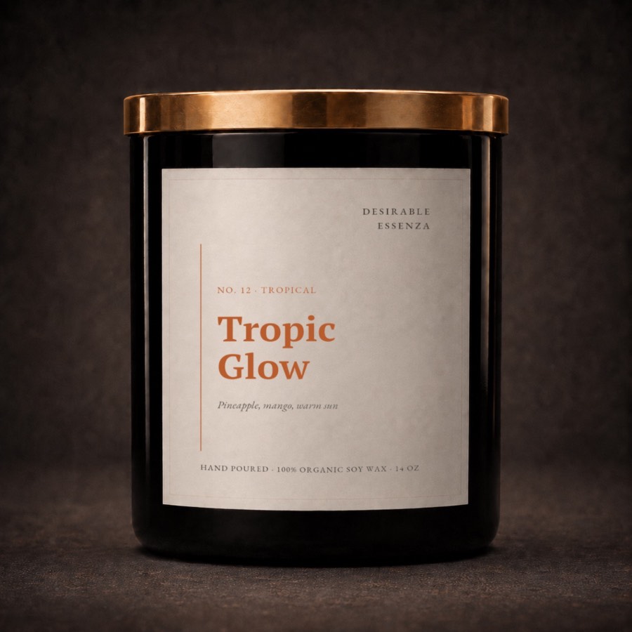 Tropic Glow candle in black glass jar with gold lid